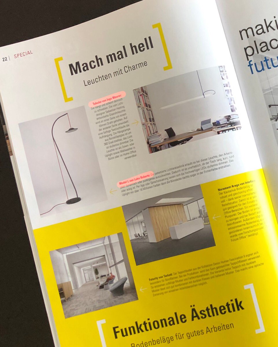 Wow! Unser Model L direkt neben der Tubular Leuchte von Sebastian Hepting und dem fantastischen Team von @ingomaurergmbh in der jüngsten Ausgabe des Magazins “Das Büro”. Danke an @officeroxx für diese Wahl! 😉 
Du willst es selbst sehen? 👇
office-roxx.de/das-buero/#aus…