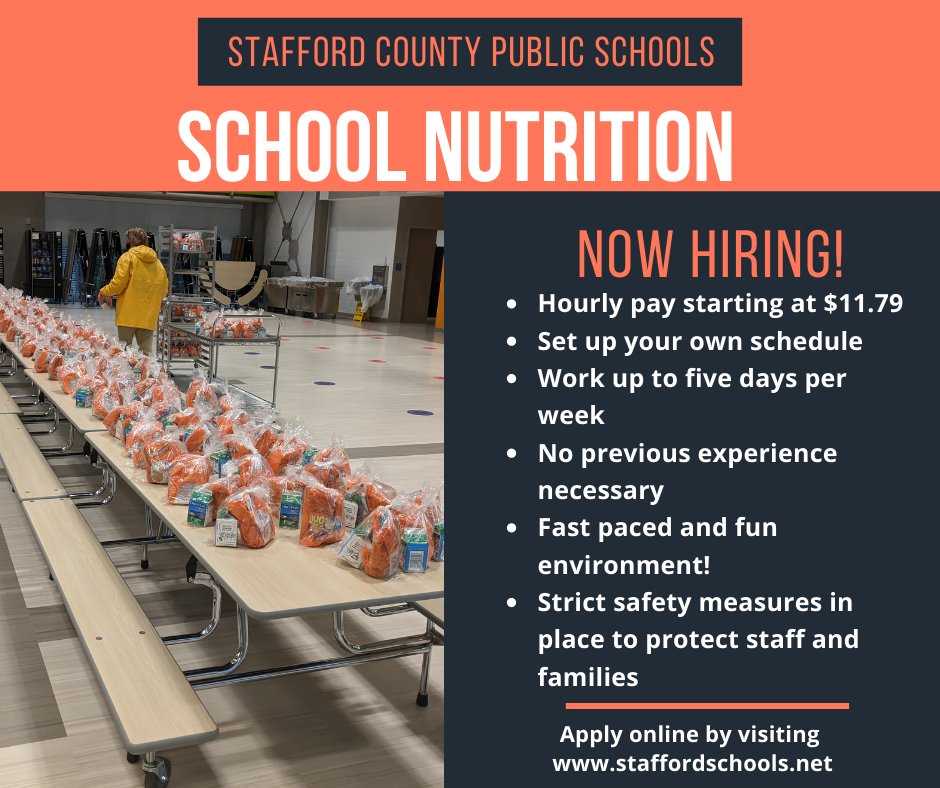 SCPS_HR's tweet photo. Join the team!

#StaffordSchoolsNowHiring #SCPSHR #jobs #jobsearch #nowhiring #nutrition #hiring https://t.co/K9ZeN8ebqg