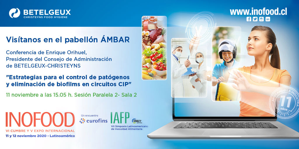 Christeyns_es's tweet photo. BETELGEUX-CHRISTEYNS Chile participa en #Inofood. Visítanos virtualmente en el pabellón ÁMBAR y asiste a la ponencia de @EnriqueOrihuel sobre control de patógenos y eliminación de biofilms en circuitos CIP. (Sesión Paralela 2).
Inscripción → https://t.co/9TuYXPNAdF https://t.co/E2Z7w4EIHL