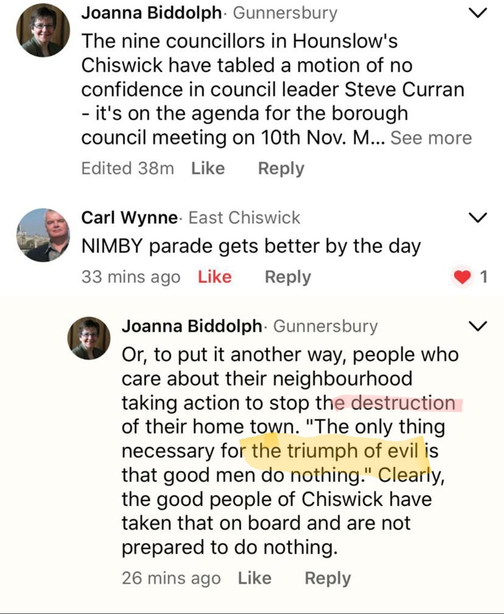 By way of example, this post from a prominent Chiswick councillor talked today about cycle paths as a “triumph of evil” that have resulted in “the destruction” of her home town.