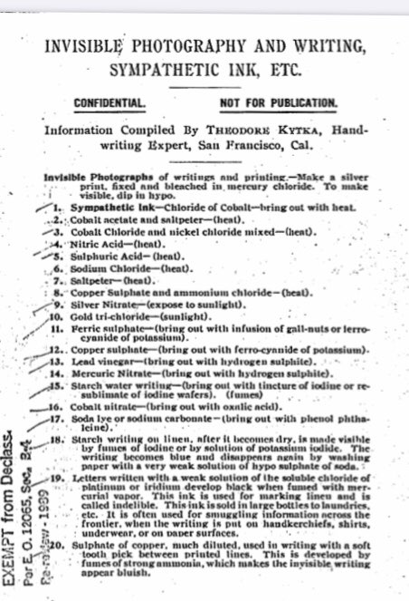 Pretty cool invisible ink brought out by HEAT identified in earliest CIA documents from 1917 declassified almost 100 years later. You learn something new every day....