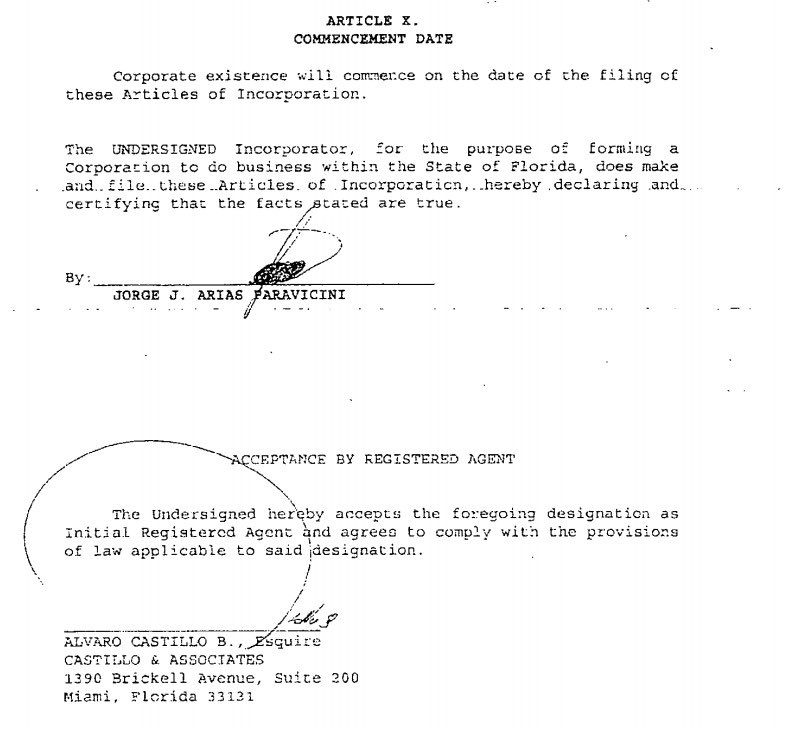 entrammbasaguas's tweet photo. Aquí tienen la firma de Junior Arias en el acta de constitución de la sociedad CORPORACIÓN INTERNACIONAL DCN, radicada en Miami.

En el mismo documento hay un cheque en favor del abogado Álvaro B. Castillo, que figura en los Papeles de Panamá y en sociedades offshore. https://t.co/M1w7GsO6Fe