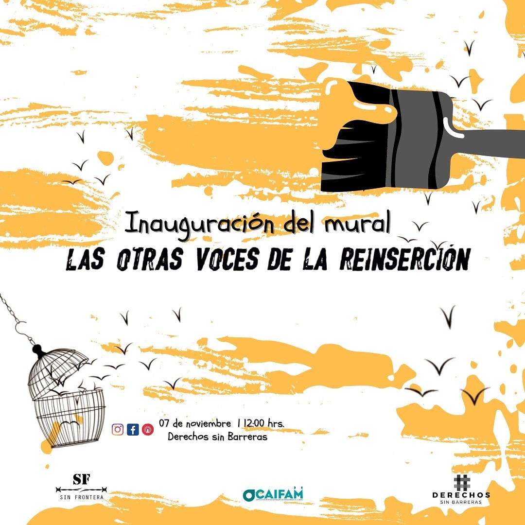 DH_sin_Barreras's tweet photo. 👩‍💻📣 No te pierdas por #FacebookLive la inauguración del mural público "#LasOtrasVocesDeLaReinserción"; resultado de la campaña que hemos empujado gracias a familiares de personas privadas de la libertad #CAIFAM de @DocumentaAC, @gposinfrontera

📅 07 de noviembre
⏰ 12:00 hrs. https://t.co/5Nk9vs9SWC
