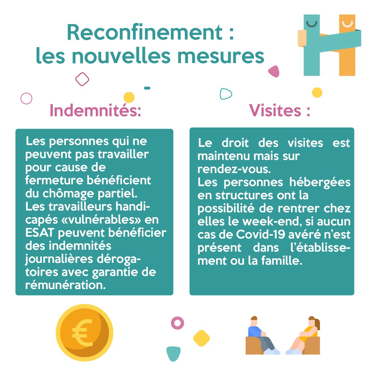 Handissimo's tweet photo. Reconfinement, quelles nouvelles mesures pour les familles concernées par le handicap ?
Ouvertures, visites, port du masque, numéro d'appel : retrouvez toutes les informations dans ces visuels. https://t.co/MebvU2i5nN
