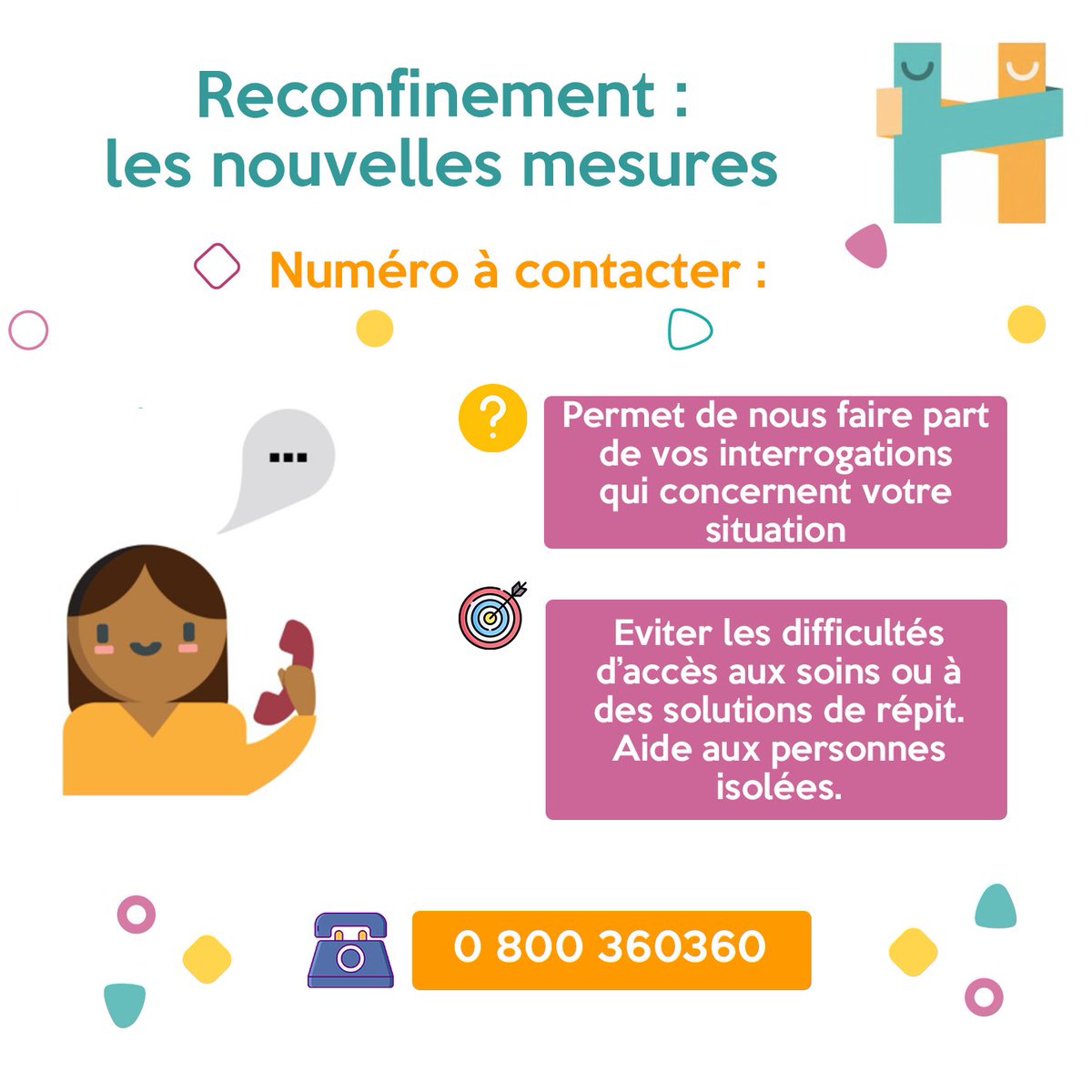 Reconfinement, quelles nouvelles mesures pour les familles concernées par le handicap ?
Ouvertures, visites, port du masque, numéro d'appel : retrouvez toutes les informations dans ces visuels.