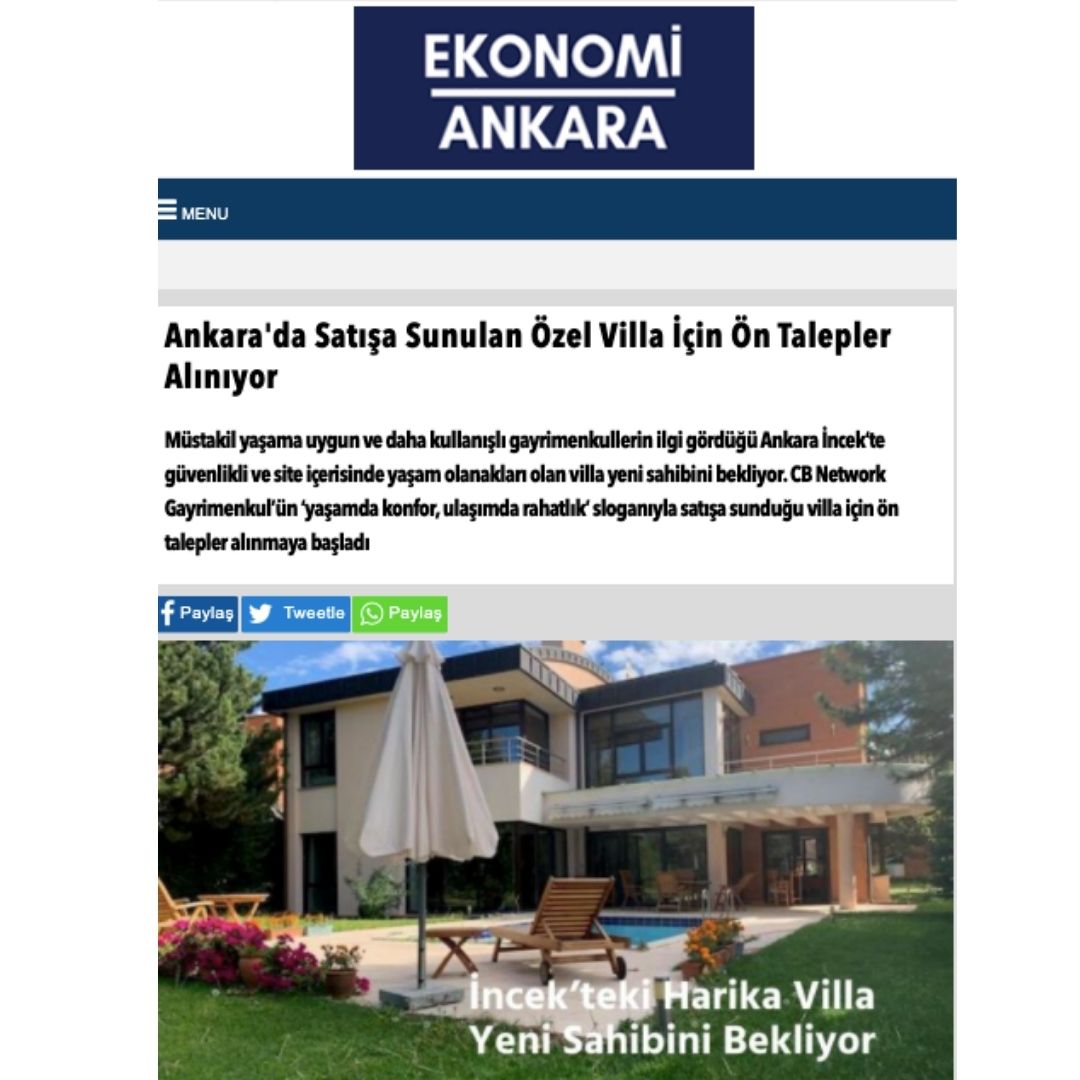 cbnetwork_'s tweet image. Satışa sunduğumuz özel portföyümüz Ekonomi sitelerinde geniş yer aldı 👍👏

#ekonomiankara #üretenankara #coldwellbankernetwork #gayrimenkul #gayrimenkulyatırımı #incek #villa #lükskonut #globalluxury