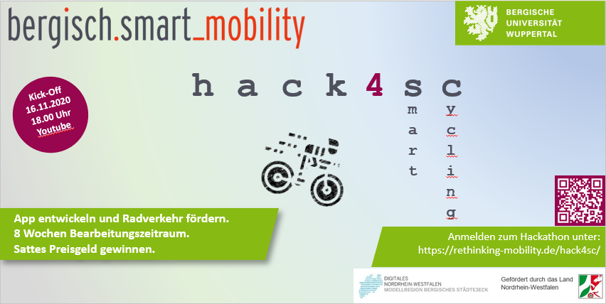 BergischRethink's tweet photo. Unser erster #Hackathon #hack4sc geht am 16.11.2020 um 18:00 Uhr in die Startlöcher! Hackt mit uns gemeinsam den #Radverkehr im #BergischenStädtedreieck smarter!
Jetzt anmelden unter: https://t.co/UfdKJwwVBp
#hackathon #smartcycling #smartmobility #datenmarktplatz #appentwicklung https://t.co/VPnD0ytyEO