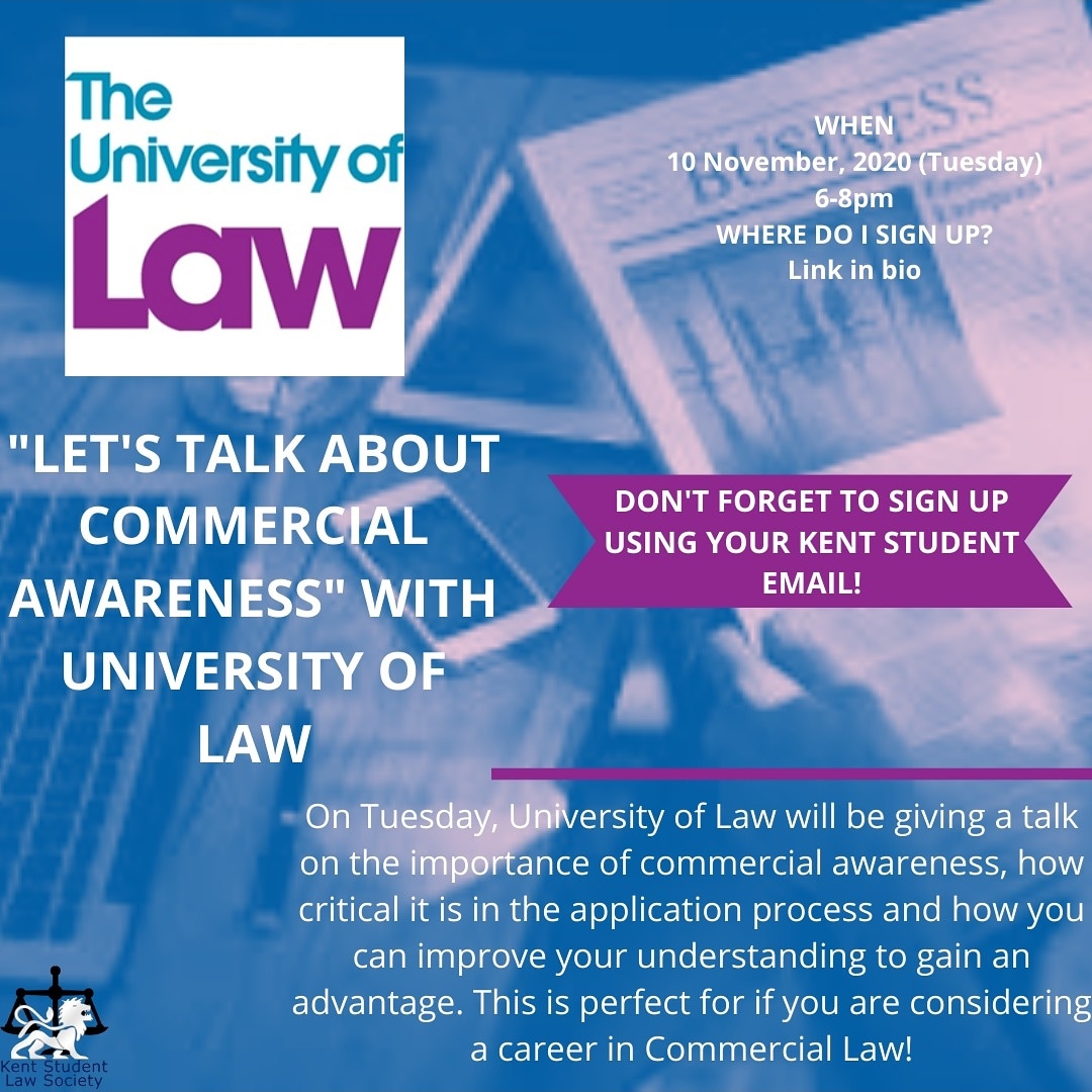 KentStudentLaw's tweet photo. Visit the link in below to register for our event with @u_law this Tuesday where we'll be going through the importance of commercial awareness in applications, and how YOU can improve this skill.

https://t.co/S2KpU4mdbh https://t.co/R7PBlF4f4H