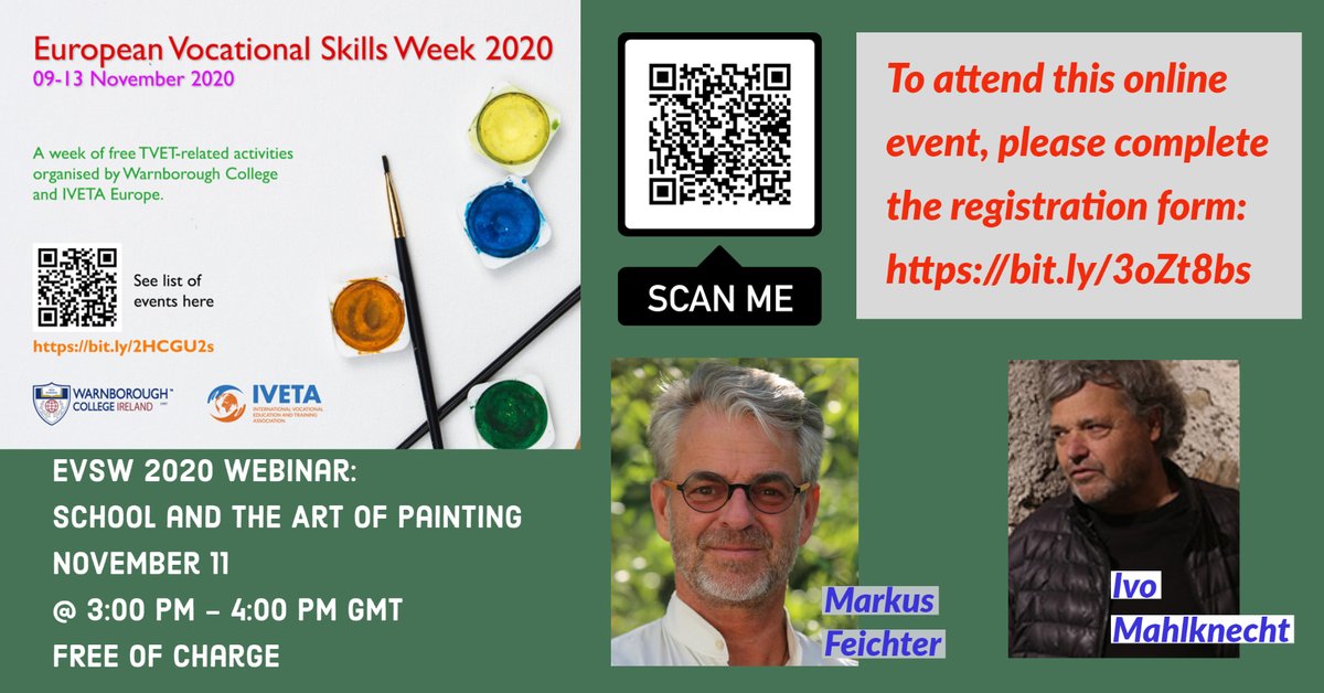 Warnborough's tweet photo. #EVSW2020 Webinar: School and the Art of Painting
10 November 2020
November 11 
@ 3:00 pm - 4:00 pm GMT
FREE of Charge * To attend please register online.
https://t.co/dg8OYzd44J

#DiscoverYourTalent #EUVocationalSkills #ivetaeurope #IVETAEU #WarnboroughCollege #evsw #evsweek2020 https://t.co/rcEC2jpLjk