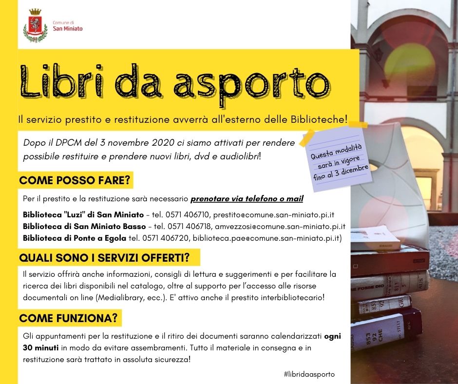 ComuneSMiniato's tweet photo. #libridaasporto
❌Il DPCM del 3 novembre 2020 prevede la chiusura al pubblico delle Biblioteche a partire dal 6 novembre e fino al 3 dicembre 2020 😭

Ecco la nostra idea per far proseguire il servizio di prestito dei libri 🙂👉 https://t.co/VO3BZj7xMs

#sanminiato 
#COVID19 https://t.co/aLs0MOgojt