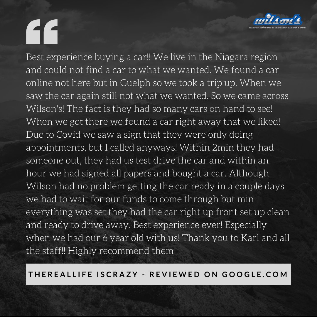 shopwilsons's tweet photo. #ThankfulThursday The Wilson's Team is here to help get you in the right vehicle. Don't forget to let us know how we are doing by leaving us a review on our Google or Facebook page.
#HappyCustomer #Review #MarkWilsonsBetterUsedCars #Guelph #UsedCar #truck #cars #usedcardealership https://t.co/3KtJsejGq6
