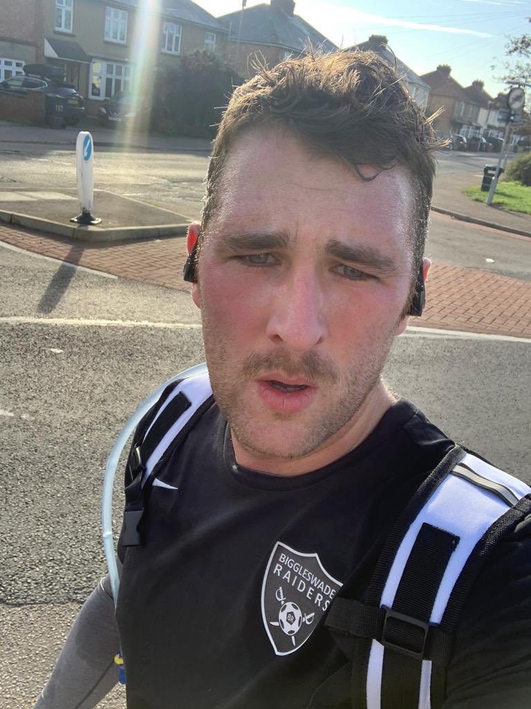BiggsRaidersFC's tweet photo. So we’ve officially left Biggleswade......thanks to a man known for his runs (albeit of a different variety 💩) @nickmoyster who put in a solid 6.14m this morning #cheersNick #justgiving @Cardiomyopathy #UTR🏴‍☠️ https://t.co/oFZua9zSEE