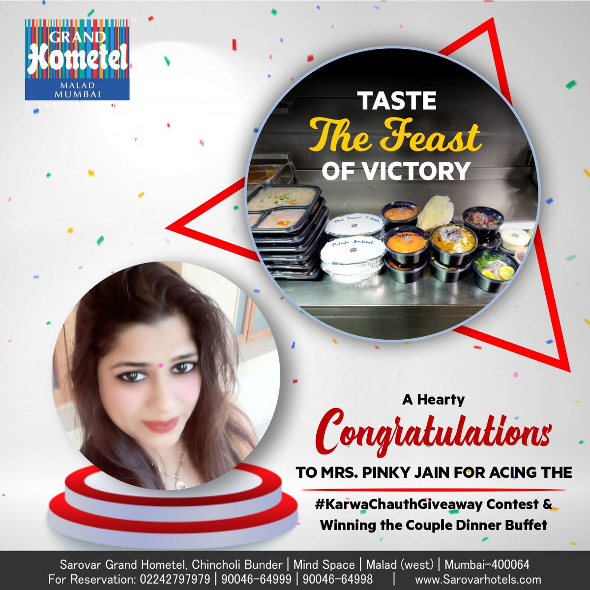 GrandHometel's tweet photo. #SarovarGrandHometelMumbai Heartily #Congratulates Mrs Pinky Jain for Absolutely Acing the #KarwaChauthGiveawayContest! She Received a #FlavourousReward of a #CoupleDinnerBuffet!! We are Heartened by the Overwhelming Response & would Love to Give You More #ChancestoWin Surprises! https://t.co/vt7ejaUAol