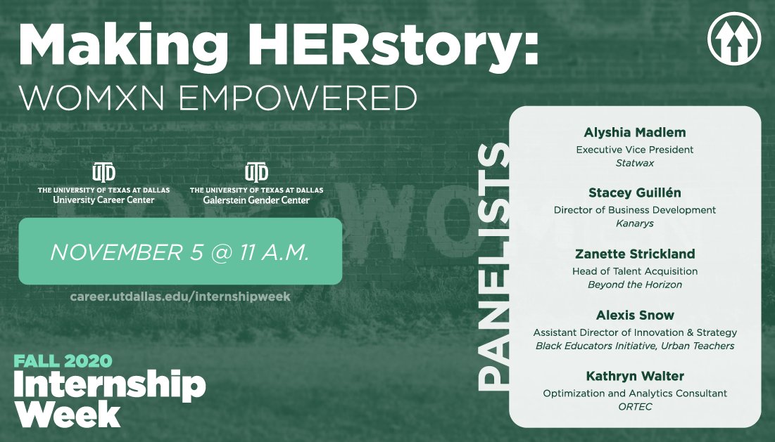 UTDCareerCenter's tweet photo. As #uccinternshipweek continues, we're partnering with the @UTDGGC to bring you an excellent panel of powerful womxn who will be speaking about navigating the areas of Leadership, STEM, and Diversity &amp; Inclusion. #utdallas #HERstory 

Nov 5 @ 11am: https://t.co/8LtNbXPIZk https://t.co/oX8xpRFfB0