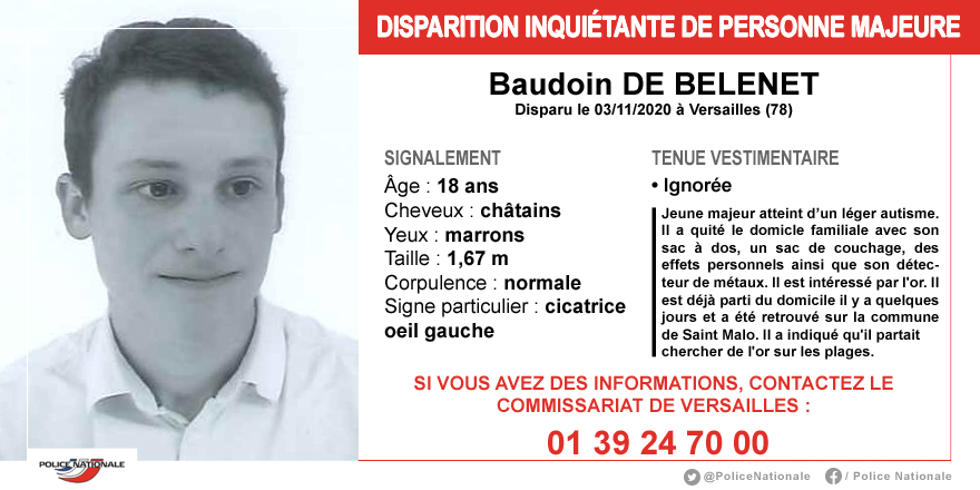 PoliceNat78's tweet photo. [#AppelATémoins] Merci de vos RT afin d'aider les enquêteurs du commissariat de #Versailles à retrouver le nommé Baudoin DE BELENET, disparu depuis le 03/11/2020 à #Versailles. https://t.co/1igOlbYvNt