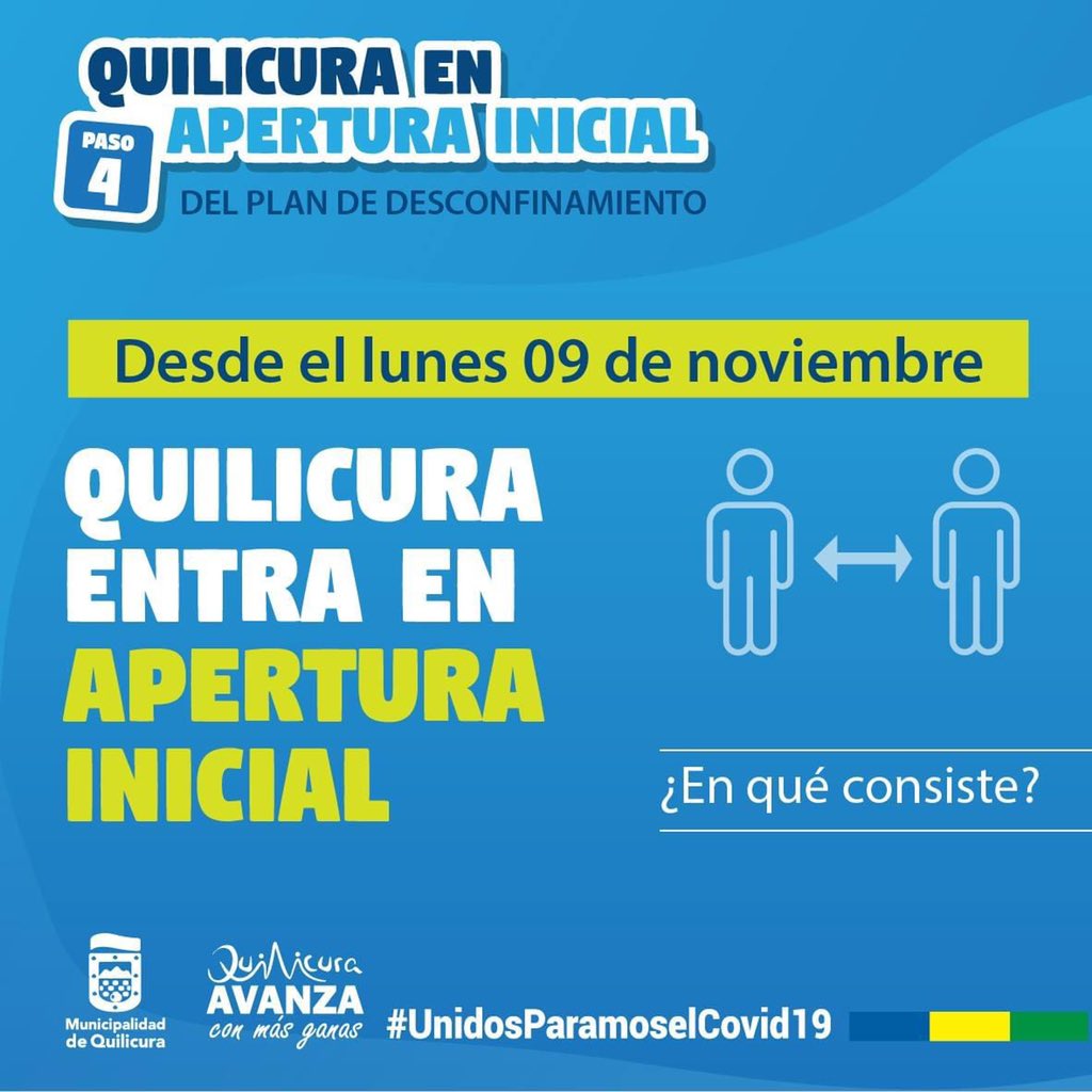 muniquilicura's tweet photo. 🔴 #QUILICURA ENTRA EN APERTURA INICIAL: PASO 4 DEL PLAN DE DESCONFINAMIENTO 🔴

🔺 Vecinas y vecinos, informamos que Quilicura entrará en Apertura Inicial: Fase 4 del Plan de Desconfinamiento, desde el próximo lunes 09 de noviembre. https://t.co/ScHKCXbyft