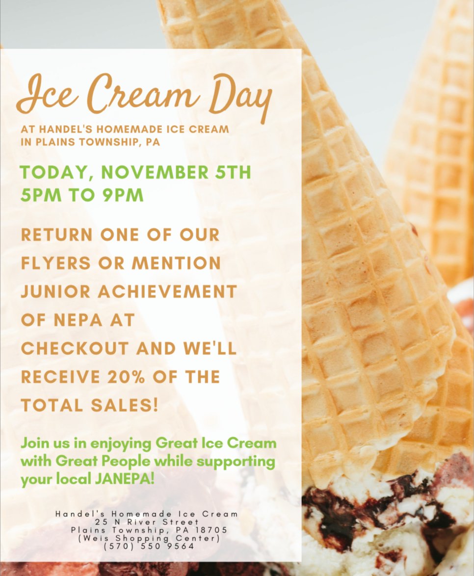 It's Ice Cream Day, friends!🎉 Join us at Handel's Ice Cream in Plains Township today between 5pm and 9pm - mention Junior Achievement of NEPA or present one of our flyers at checkout and we'll receive 20% of your purchase! See you there!🍦😄