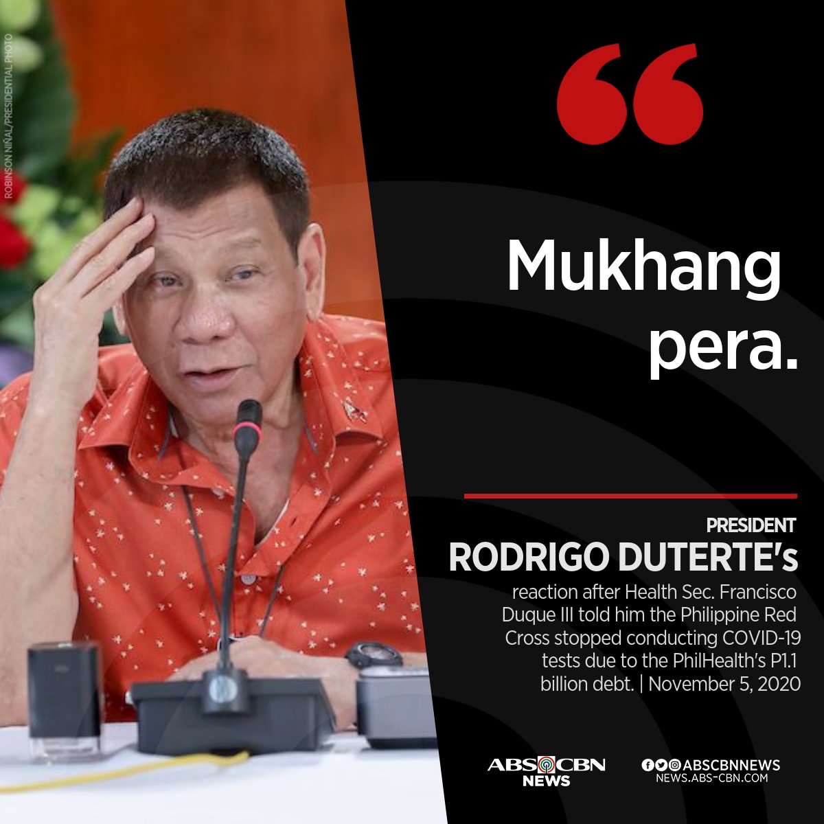 ABSCBNNews's tweet photo. Nagpasaring si Pangulong Rodrigo Duterte sa Philippine Red Cross na kamakailan lang itinuloy ang #COVID19 testing sa mga balikbayan matapos bayaran ng PhilHealth ang bahagi ng utang nito.
BASAHIN DITO ang kaugnay na ulat: https://t.co/K8AC77uxJi https://t.co/G17LrFSHDZ