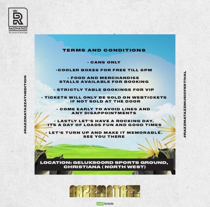 Shoun_B's tweet photo. Here are a few Terms and Conditions that we all need to abide by to ensure we all have fun! 🤞🏽

Get your tickets now on the links below!

TicketPro: https://t.co/QR4Xsp60jt
Webticket: https://t.co/hrV27qG7SL

#RazzmatazzMusicFestival https://t.co/CbXACApgNI