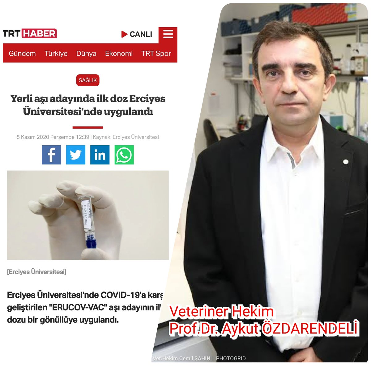 eba_vet's tweet photo. Erciyes Üniversitemizde , Erciyes Üni. Aşı Araştırma Ve Geliştirme Müdürü "Veteriner  Hekim Prof.Dr Aykut ÖZDARENDELİ " ve ekibi tarafından geliştirilen #COVID19  aşısının pre-klinik çalışması tamamlanandı .  Covid-19  milli aşı adayımızın uygulama (Faz-1) safhasına başlandı . https://t.co/L2YSZ3QqW5