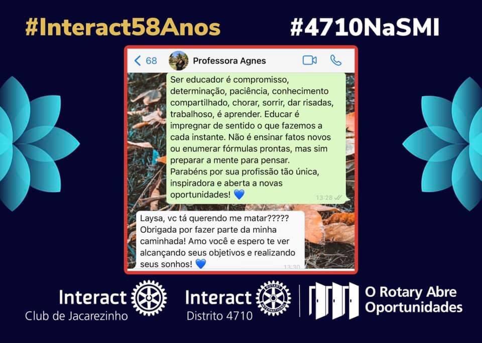 interact_jac's tweet image. ⚙️💙 Semana Mundial do Interact 2020
3° dia: Educação!
Fizemos um vídeo onde cada associado fala em segundos “O que é ser educador”, como também cada enviar uma mensagem ao profissional de educação parabenizando por sua profissão. 
#SMI2020 #4710NaSMI  #Interact58Anos