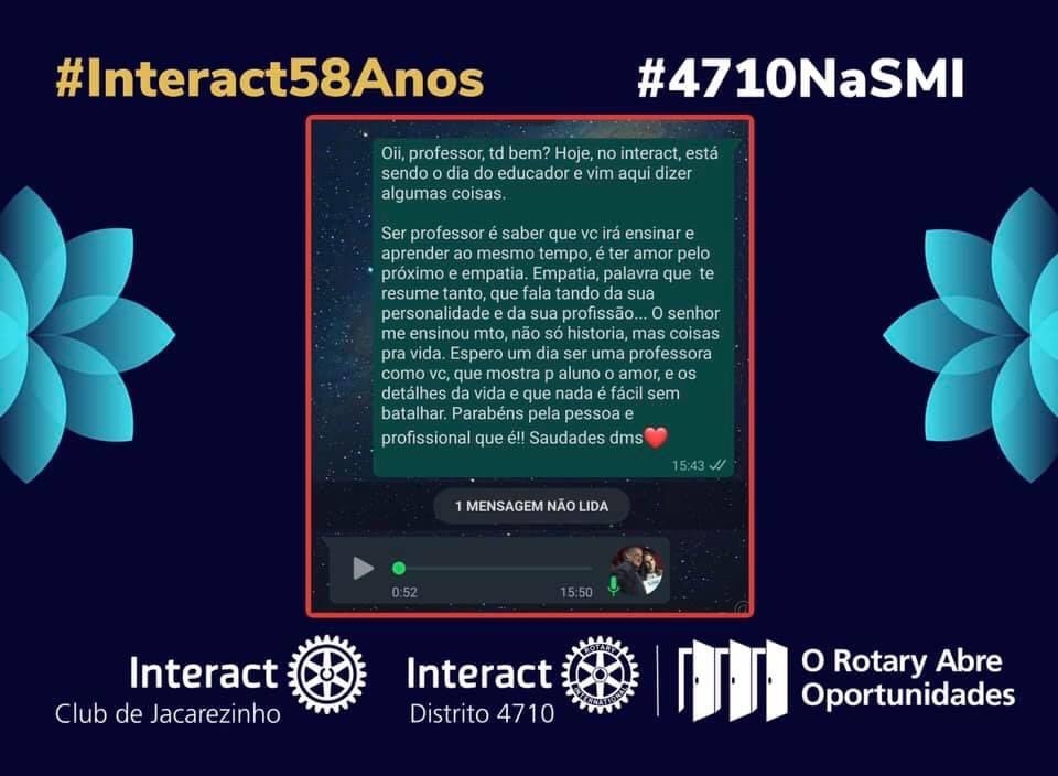 interact_jac's tweet image. ⚙️💙 Semana Mundial do Interact 2020
3° dia: Educação!
Fizemos um vídeo onde cada associado fala em segundos “O que é ser educador”, como também cada enviar uma mensagem ao profissional de educação parabenizando por sua profissão. 
#SMI2020 #4710NaSMI  #Interact58Anos