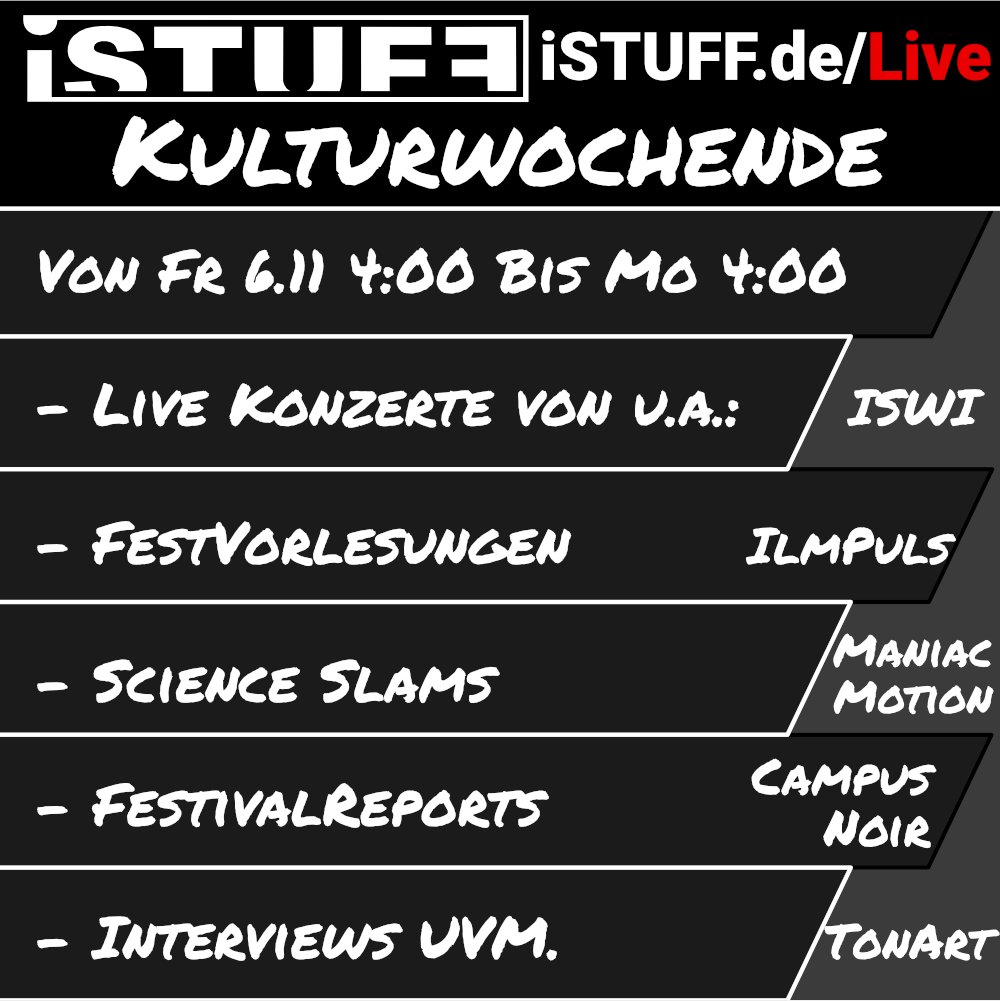 iSTUFFde's tweet photo. Dieses Wochenende hätte das #TonArt-Festival in Ilmenau stattgefunden. Als kleines Ersatzprogramm hat der #iSTUFF ein #Kulturwochenende für Euch zusammengebastelt! Highlights unseres Sendeplans findet Ihr auf unseren Social-Media-Kanälen.
Was Euch so erwartet seht Ihr im Bild: https://t.co/KbzPRNtK66