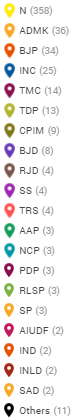 Map of the 185 swing seats (including alliance transfers) in the 2019 LS elections, in terms of the losing parties. 'Losing party' is defined as the party which won the seat in 2014 and didn't win it in 2019.ADMK, TMC and TDP suffered major losses. /12