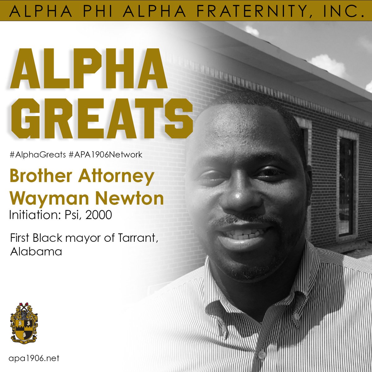 apa1906NETwork's tweet photo. Today, we recognize Brother Atty. Wayman Newton, the first Black mayor of Tarrant, Alabama. Join us in honoring Brother Atty. Newton for his historical achievement!
#AlphaPhiAlpha #APA1906Network #ForThe7Jewels #AlphaGreats #ThereGoesAnAlphaMan #1906MakingHistory https://t.co/gwbM4490cD
