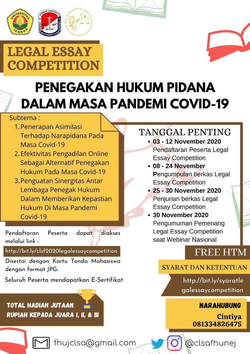clsafhunej's tweet photo. Yuk sobat hukum mari utarakan uneg unegmu tentang hukum lewat lomba ini!!! Daripada cuap cuap gak jelas, mending dibuat tulisan.
Lumayan kalau menang dapat hadiah 😍😊🏆
#legalessaycompetition #unej #clsa #fhunej #clsafhuj https://t.co/ESJT7M3oT7