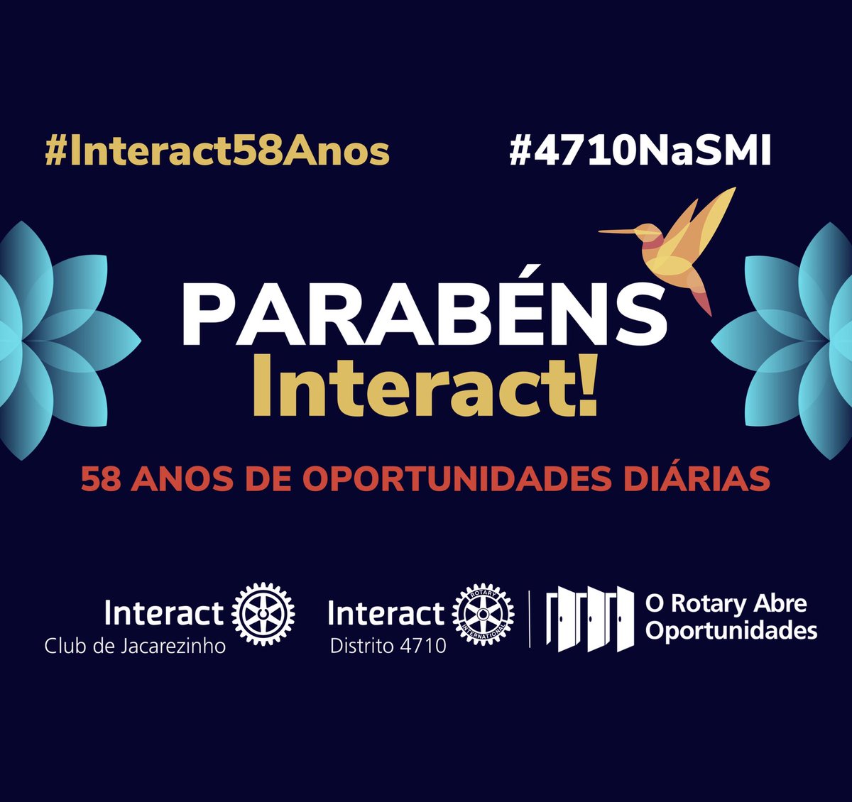 interact_jac's tweet image. ⚙️💙 HOJE É NOSSO DIA!
Em 1962, jovens se reuniram na cidade de Melbourne com o objetivo de mudar o mundo. Feliz dia pra você, jovem que participa de nosso voluntariado, que busca desenvolver e ser a mudança que deseja ver no mundo. 🥳👏🏻
#SMI2020 #4710NaSMI #Interact58Anos