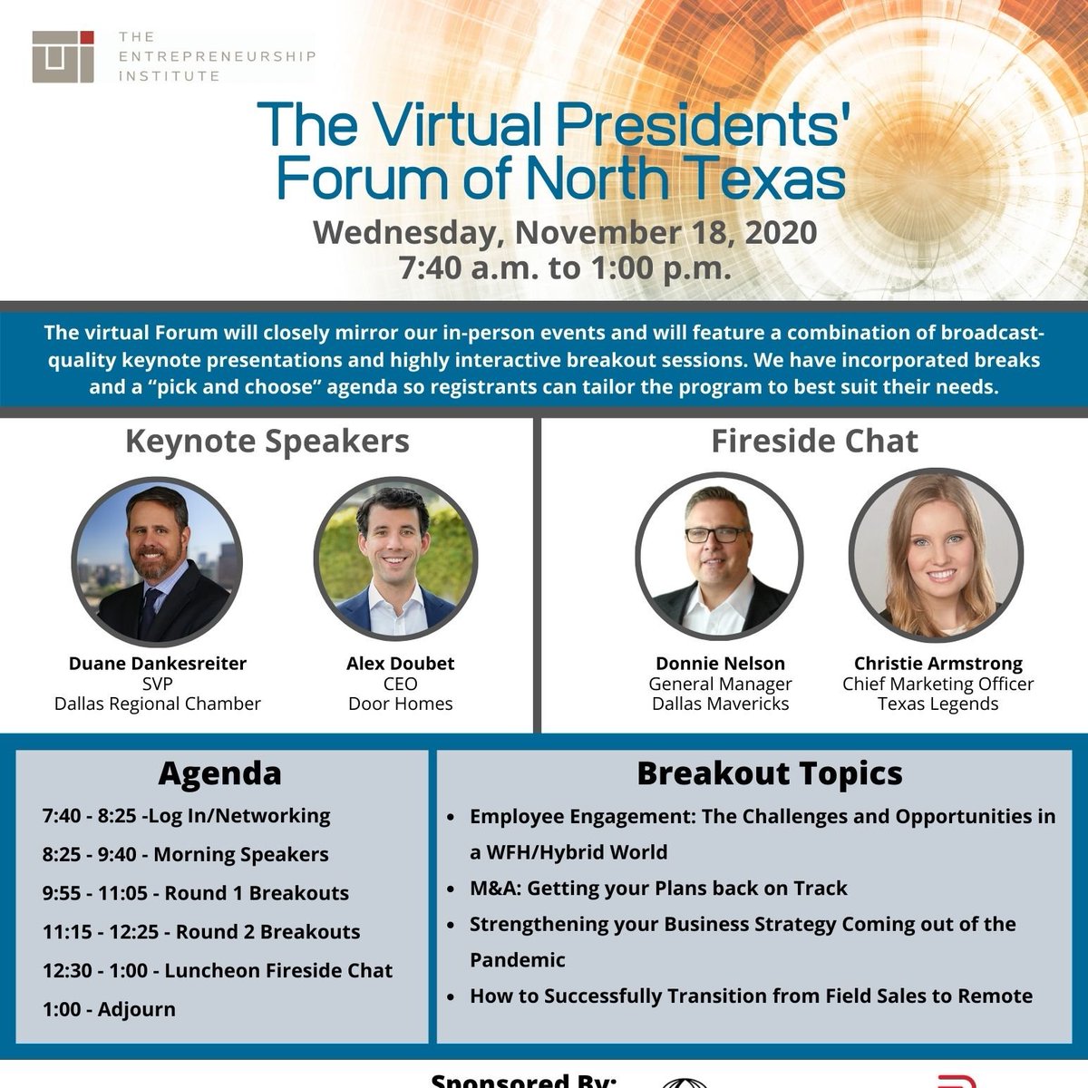 TEIForum's tweet photo. Excited to announce our inaugural Presidents' Forum of North Texas on 11/18/20! It's virtual this year, but will be in person in 2021. Leaders from @dallasmavs @DoorHomes @DRC presenting: https://t.co/RPo6ilA5D1 https://t.co/PZ5JH2Ib1f