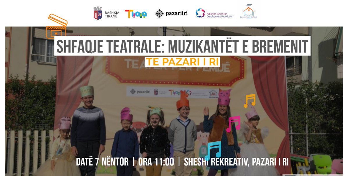 🎶Shfaqje Teatrale për fëmijë: Muzikantët e Bremenit🎻

Banda muzikore🎶 më e veçantë e të gjitha kohëve me vogëlushët👧🏼🧒e 👉Qendres së Librit për Fëmijë do na dhurojë cdo javë shfaqje në Pazarin e Ri!

📌Të shtunën, datë 7 nëntor, ora 11:00 | Pazari i Ri

😷Mos harroni maskat!