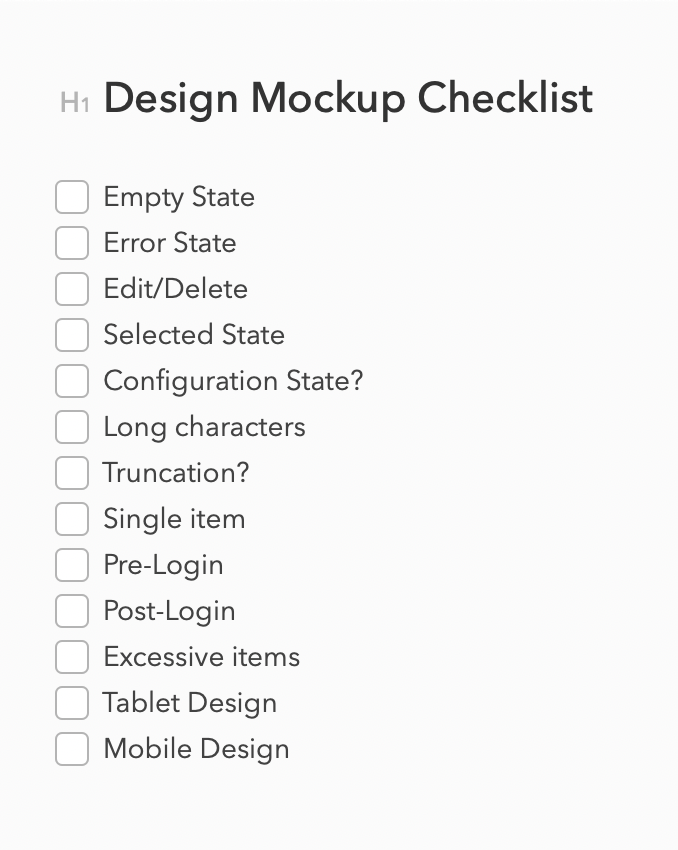 havanatweets's tweet photo. Been drafting a "checklist" for designers to stress-test their designs and anticipate dev needs ... whatt's missing from this list? Anything? #ux #dev #tech #product https://t.co/0KNB3CSscr