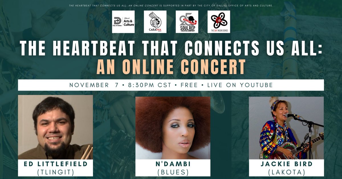 Join us for a free online concert featuring Grammy-nominated blues and soul singer <a href="/NDambi/">N'Dambi﮷</a> , Lakota singer Jackie Bird and Tlingit composer Ed Littlefield

Set your reminders for this Saturday's The Heartbeat That Connects Us All live on YouTube at 8:30pm CST.