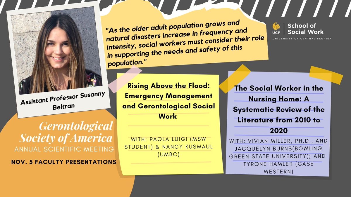 UCFSocialWork's tweet photo. #UCFSocialWork Assistant Professor Susanny Beltran (@SusannyBeltran) will be presenting with her colleagues at today's @geronsociety Annual Scientific Meeting! 

Fun Fact: one of her co-authors is MSW student, Paola Luigi! 

LINK 👉🏽 https://t.co/hoqhfX1OuT

#ChargeOn! #ThisIsCHPS https://t.co/6knhO4L0oO