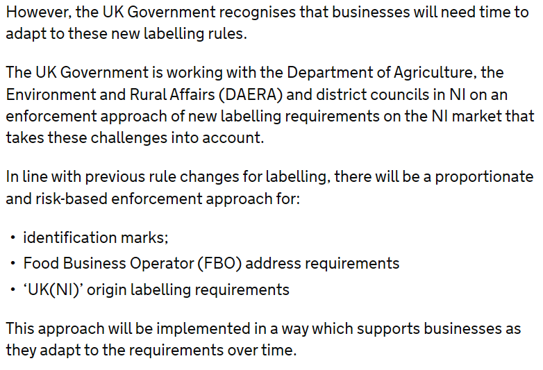 Updated guidance on food labelling in NI contains new & important language. Reference to an 'enforcement approach' is IMO start of an informal phasing in of requirements around Protocol (& could possibly be extended to FTA) given we know everything won't be ready on day 1 (1/3)
