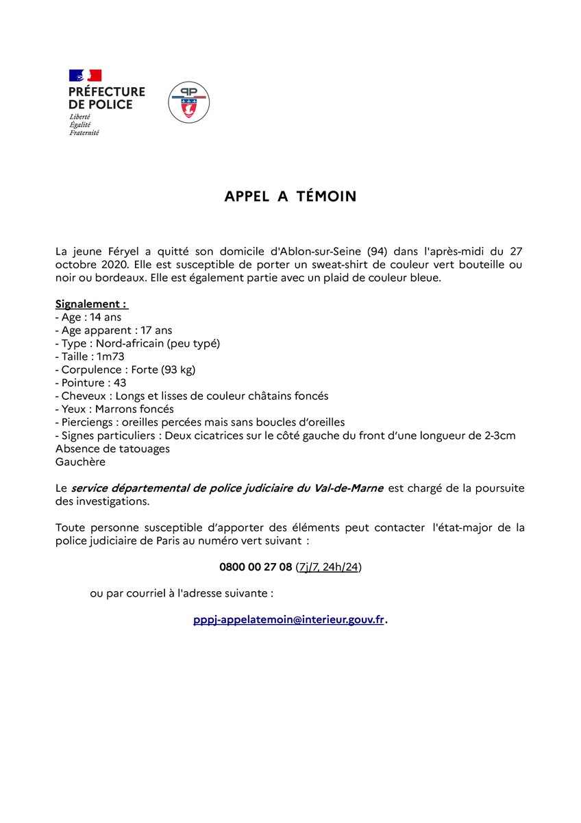 prefpolice's tweet photo. #AppelàTémoins | 🚨 La préfecture de Police sollicite à nouveau votre aide dans le cadre de la disparition inquiétante, depuis le 27/10 d'une mineure de 14 ans.
👉 Toute personne susceptible d'apporter des éléments peut contacter le SDPJ94 :
☎️ 0800 00 27 08 https://t.co/mcuXEDDylc