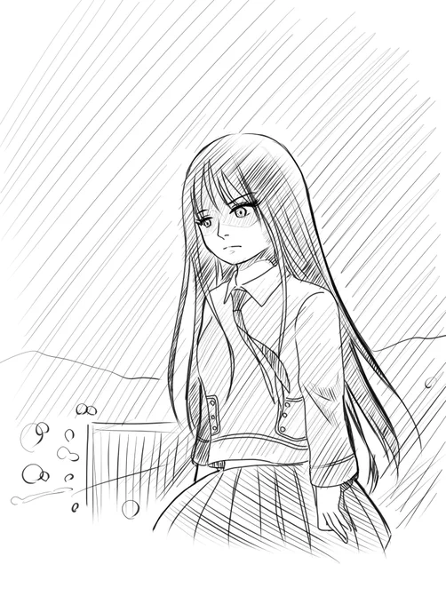屋上から下界を見つめる黒髪ロングちゃん 