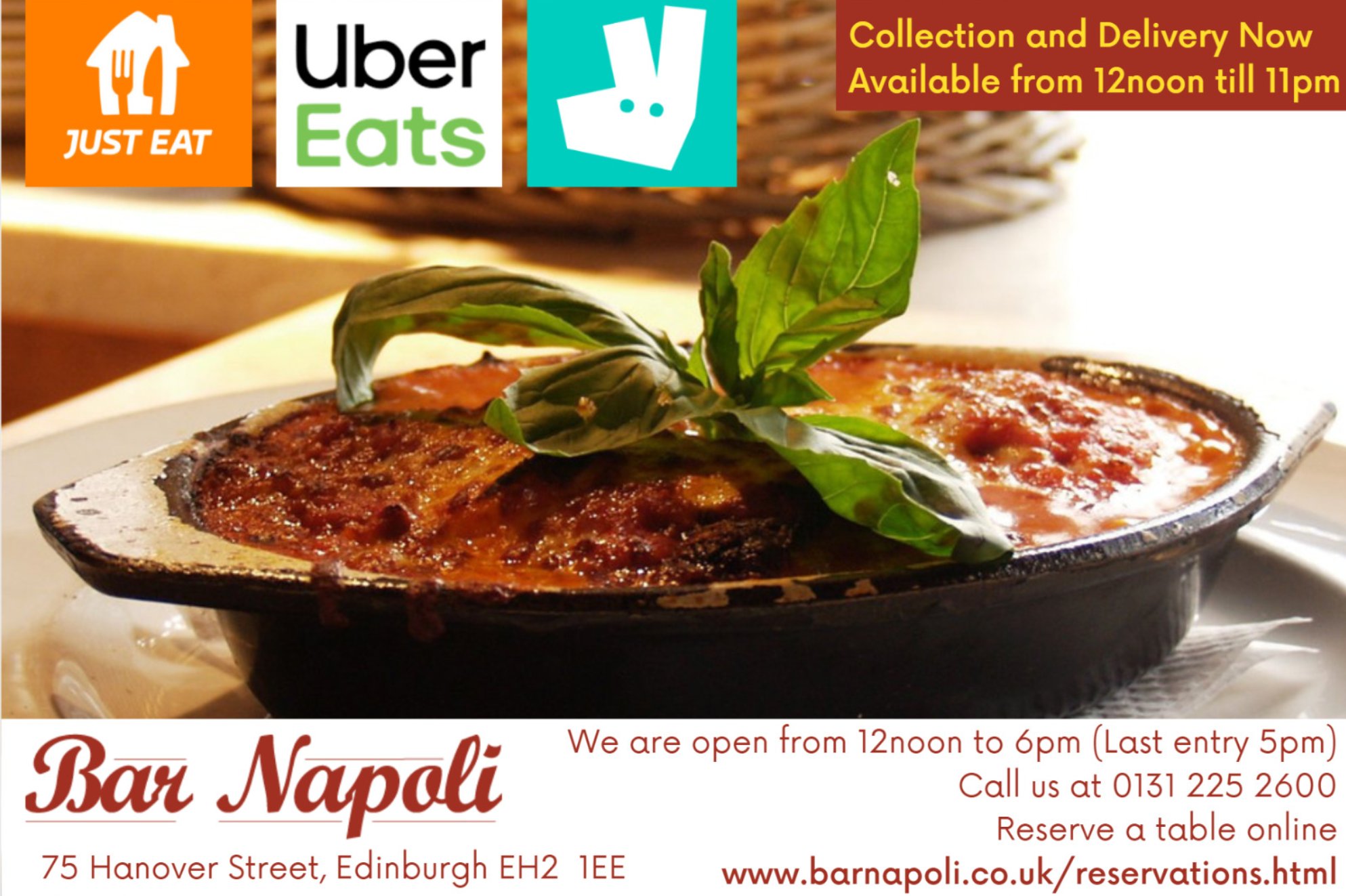 Bar Napoli Edinburgh on X You can order Bar Napoli s delicious offerings for delivery or takeaway from Just Eat Deliveroo or Uber Eats. Please call 0131 225 2600 to place your order