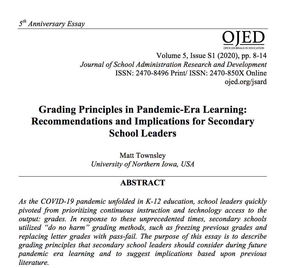 mctownsley's tweet photo. Grading Principles in Pandemic-Era Learning: Recommendations and Implications for Secondary School Leaders | Journal of School Administration Research and Development  https://t.co/hET30euIeM (over 500 downloads in less than one week! @JSARD_) #sblchat #UNIEdLead #iaedchat https://t.co/4aEecraZ8q