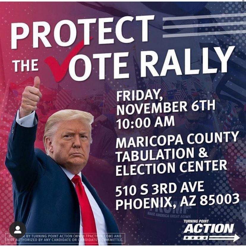 BarnettforAZ's tweet photo. Rally at elections office today 3pm and tomorrow 10am with @turningpointusa @charliekirk1776 https://t.co/I2qHmmPvdy