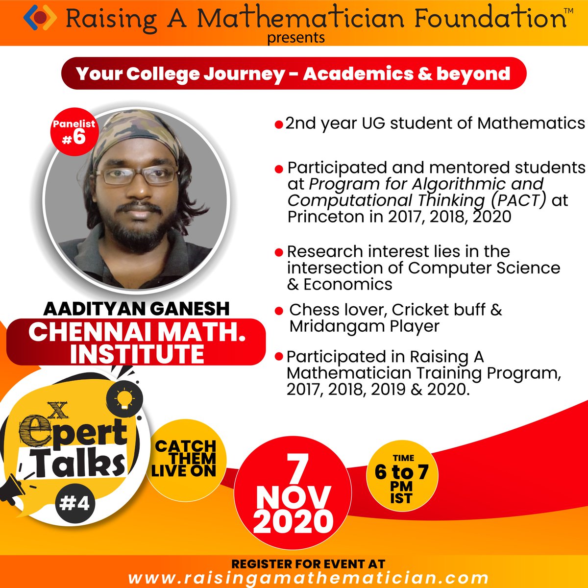 raisingamath's tweet image. A cricket buff, a mridangam player &amp;amp; a math geek - all in one package! Presenting to you, our final panelist for
Expert Talks #4 - Aadityan G.
bit.ly/epowerx
#ExpertTalks
#Epowerx 
#RaisingAMathematician 
#RAMFounation
@IMScChennai
 @tifrarnab
@TIFRScience
@HBCSE_TIFR