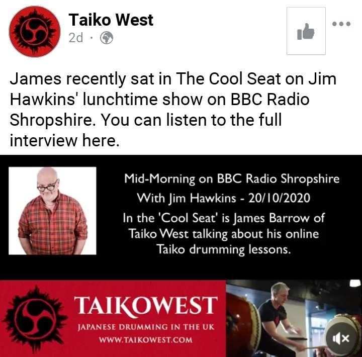 My hubby James Barrow <a href="/TaikoWest/">James Barrow</a> in the Cool Seat <a href="/jimallthetime/">Jim Hawkins (he/him) 🧡</a> <a href="/BBCShropshire/">BBC Shropshire</a> talking about 4 years living in Japan learning to play Taiko Drums, becoming a full time Taiko drumming teacher and now teaching online #lockdown #Onlineclass facebook.com/20797096591331…