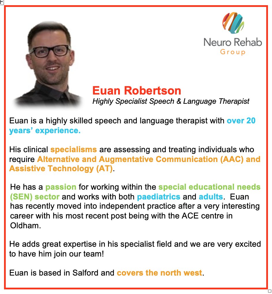 Meet our NEW SLT... Euan Robertson! Euan is excited to meet clients and help them with their speech, language and communication support needs! 😃
If you want to find out if Euan can help you or your clients, please get in touch at office@neurorehabgroup.com or T:0330 2235477.