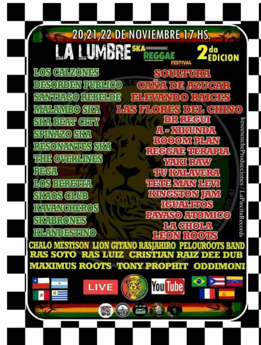 Se viene el 2do Festival
👉🏽20 21 22 de NOVIEMBRE..
A partit de las 17hs....🇦🇷..
LA LUMBRE Ska Reggae Festival
Mas de 40 bandas artistas  en vivo de diferentes paices ...
A traves de ....
RADIO REGGAE SELECKTA  DESDE SU CANAL  DE YOUTUBE  
youtube.com/channel/UCtFls….  💚💛❤️🎛️🎙️🎥👊