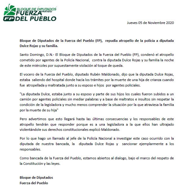 DiputadosFP's tweet photo. Este Bloque de Diputados de la Fuerza del Pueblo (FP),  repudia atropello de la policía a diputada Dulce Rojas y su familia. #FPComunica #lafuerzadelpueblo https://t.co/ydrfWeHucP