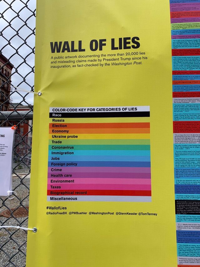 Oaza_spokoju2's tweet photo. "Wall of lies" w Nowym Jorku.

Ta ściana, to instalacja artystyczna składająca się z ponad 20 tys.karteczek, na których zapisano wszystkie kłamstwa, fałszywe oświadczenia i fake njusy Trumpa. Projektem opiekuje się Radio Free Brooklyn.
Mega wrażenie. https://t.co/0GHBxPl6rB