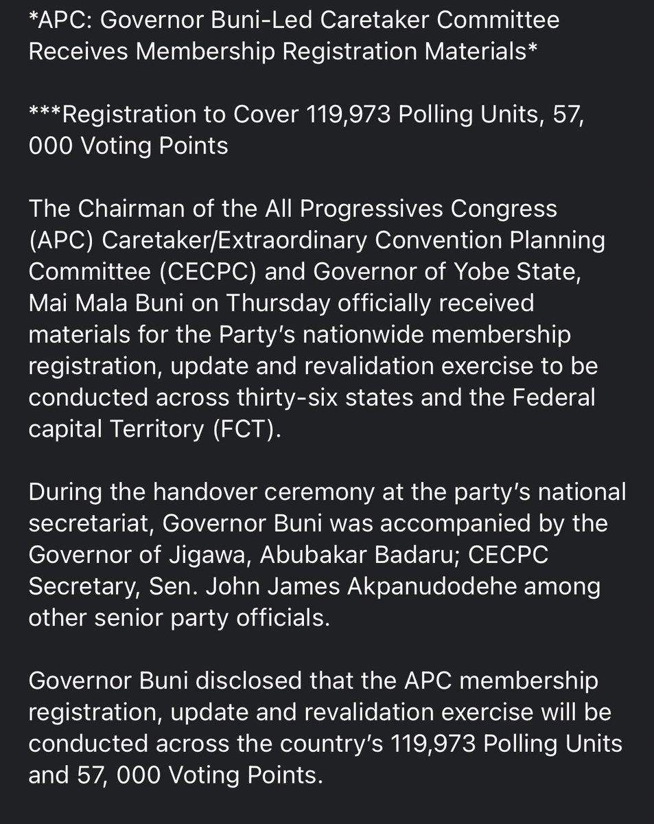 OfficialAPCNg's tweet photo. Chairman of the APC Caretaker/Extraordinary Convention Planning Committee and Governor of Yobe, Mai Mala Buni earlier today officially received materials for the Party’s nationwide membership registration, update and revalidation exercise to be conducted across 36states and FCT https://t.co/fZrJSKBLtd
