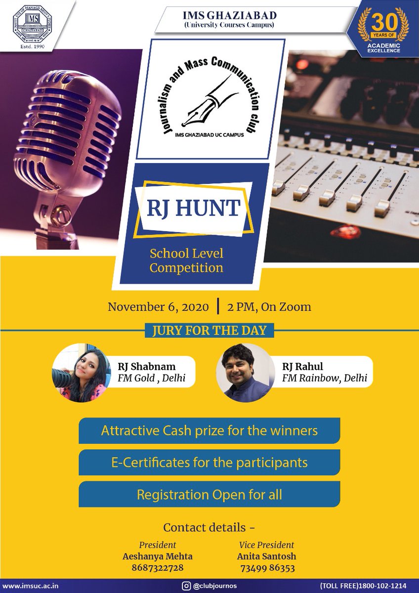imsuc_campus's tweet photo. #IMSUC is here with another mind boggling event which everyone would love to be the part of which is J&amp;MC club presents #RJhunt, an exciting contest in which students from different schools from India had participated. The event would commence live on YouTube on 6th November 2020 https://t.co/vD6wS5sq7s